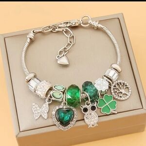 Silver Charm Bracelet with Green Accents